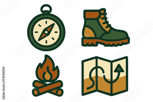 Essential items for outdoor adventure: compass, hiking boot, campfire, map
