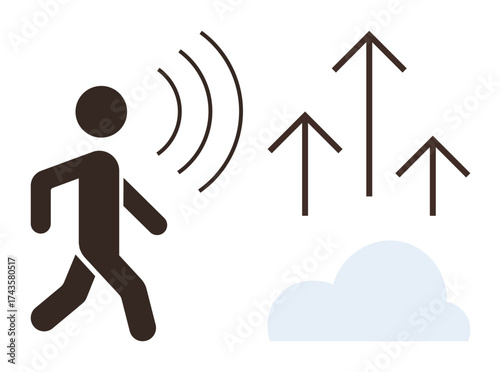 Person walking while emitting sound waves toward upward arrows symbolizing progress, communication, and growth. Ideal for technology, innovation, communication, progress, networking, goals success