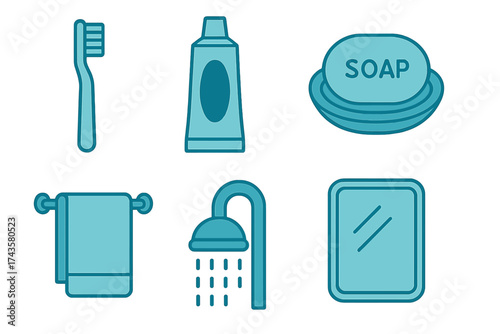 Set of essential bathroom and personal hygiene items including toothbrush, toothpaste, soap, towel, shower, and mirror symbols