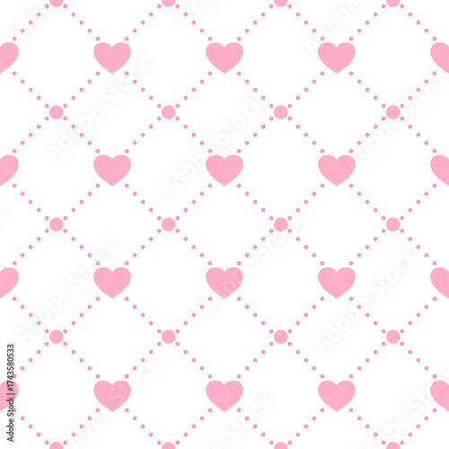 Seamless vector pattern with dots and hearts. Geometric pink repeating texture of dotted rhombuses with hearts in nodes.