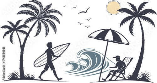Diverse collection of summer beach and ocean themed icons for graphic design projects representing relaxation and vacation