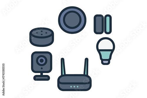Set of smart home technology icons featuring router security camera and voice assistant