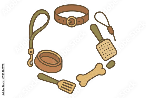 Essential accessories and supplies for dog care including collar leash bowl and grooming tools
