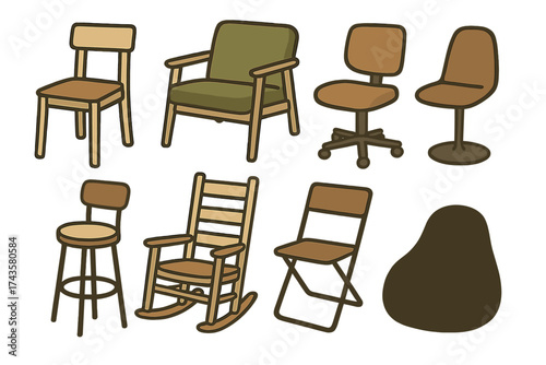 Collection of diverse seating furniture types including wooden chairs, office chairs, and bean bags