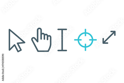 Essential computer interface cursor symbols including pointer, hand, text input, and resize arrows