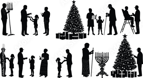 Christmas and Hanukkah family silhouettes, celebrating winter holidays, lighting menorah, decorating Christmas tree, festive season illustration, cultural holiday vector