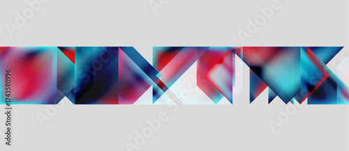 Abstract geometric shapes, vibrant colors blend. Red, blue hues dominate composition. Modern design, digital art style.