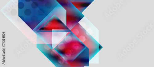 Abstract geometric composition. Overlapping shapes, vibrant colors, translucent layers create dynamic visual effect. Modern design elements present.