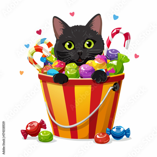 A happy black cat peeks out from a colorful candy-filled bucket, surrounded by hearts.