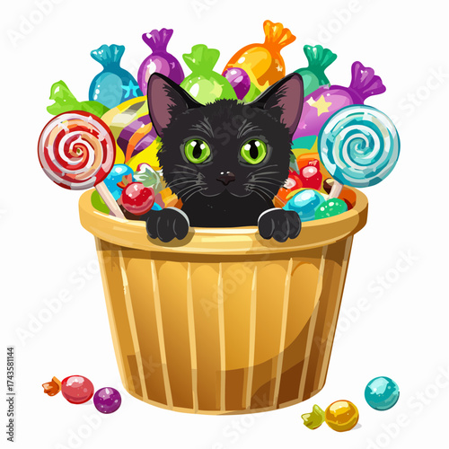 A cartoon black cat with green eyes peeks out from a basket overflowing with colorful Halloween candy.