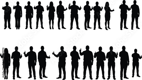 Business people silhouettes, corporate teamwork concept, office professionals standing, successful employees with thumbs up, leadership illustration, teamwork unity, group collaboration vector
