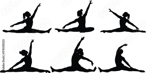 Gymnastic girl silhouettes, yoga stretching poses, fitness flexibility exercise, athletic women training, dance movement vector, healthy lifestyle, body balance illustration