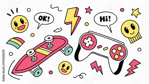 Retro 90s inspired doodle and sticker collage with bold colors and fun elements