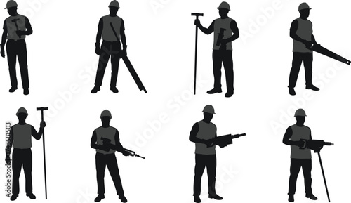 Construction workers silhouettes, industrial laborers with tools, builders at work, civil engineering illustration, construction site teamwork, labor workforce vector art