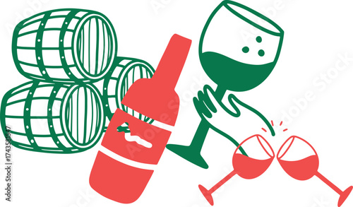 Wine. Winemaking Serving A glass and wine. People drink wine. Pleasure from life. Line art	