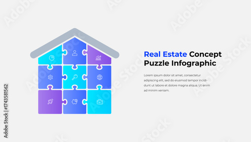 Modern real estate concept showing a house built from colorful puzzle pieces, symbolizing interconnected assets and teamwork in property markets. Ideal for business, real estate, and infographic
