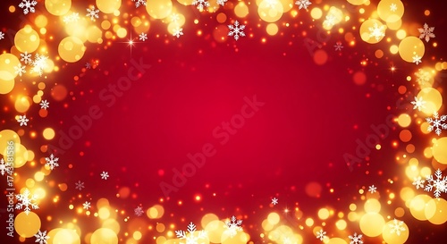 Vibrant red frame adorned with golden bokeh lights and delicate snowflakes, creating a festive holiday atmosphere