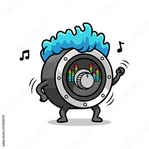 Dancing speaker cartoon mascot with blue flame hair and music notes