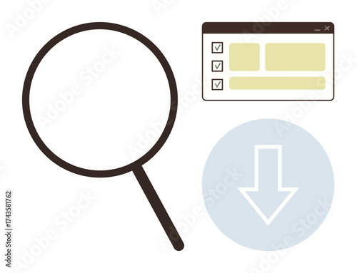 Magnifying glass, checklist in a browser window, and down arrow symbolizing search, task management, digital tools, data organization, information access, workflow user interaction. Simple flat