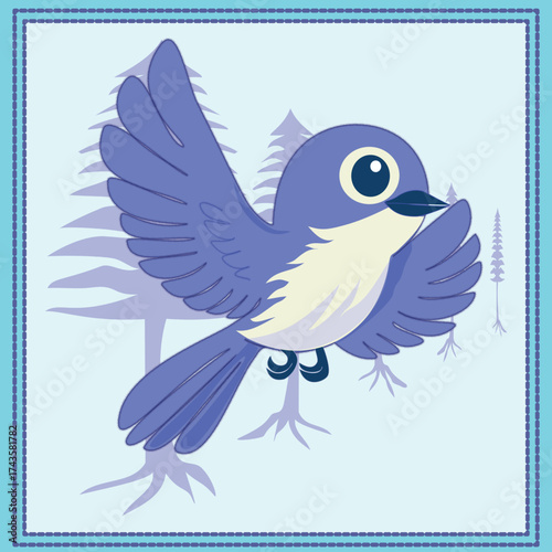 A charming blue bird with wide wings flies joyfully against a cool forest background. Its soft colors and cartoon-like form evoke feelings of happiness, freedom, and innocence, perfect for cozy spaces