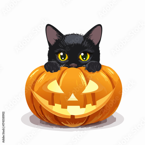 A cute black cat peers over a carved, smiling orange Halloween pumpkin.