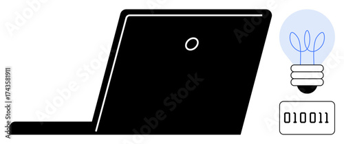 Laptop in sleek design with a glowing light bulb symbolizing creativity and binary code for digital integration. Ideal for innovation, technology, coding, programming, brainstorming, online work