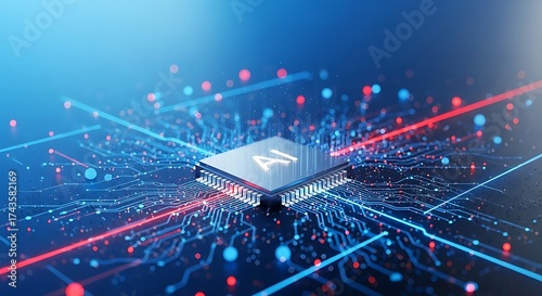 Abstract futuristic ai chip with glowing blue and red circuits and data streams