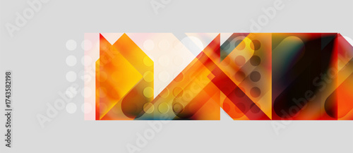 Abstract geometric shapes, warm colors dominate. Orange, red, yellow blend with translucent elements. Modern design, clean lines present.