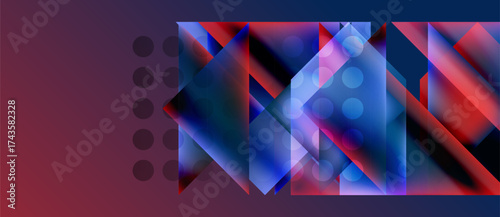 Abstract geometric composition. Vivid blues, reds dominate. Shapes overlap, creating dynamic visual effect. Circles accent design.