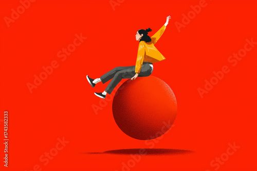 woman sits on bouncing red ball