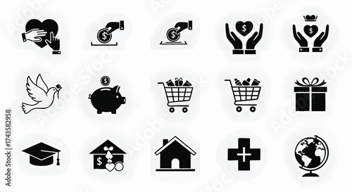 Charity and Donation Icons Representing Giving, Support, and Community Assistance