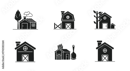 Black and White Farmhouse Silhouettes Various Architectural Styles for Agriculture and Rural Settings