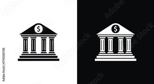 Classic bank building icon with columns and a dollar symbol. A simple vector graphic representing finance, banking, and economy