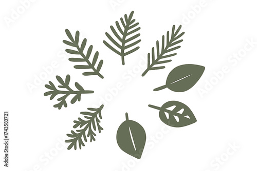 Abstract circular pattern of stylized green leaves and evergreen branches