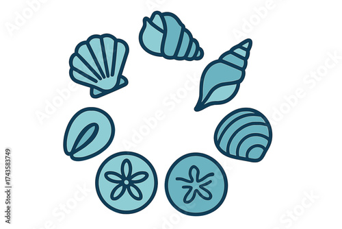 Stylized marine seashells and sand dollars arranged in a decorative circular pattern