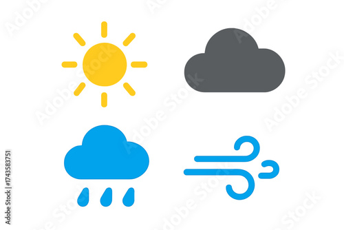 Set of four basic weather forecast icons showing sunny, cloudy, rainy, and windy conditions