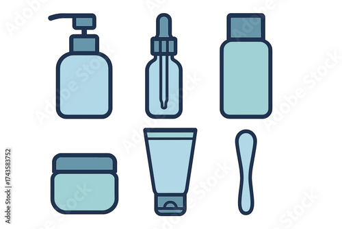 Set of cosmetic packaging containers including bottles, jars, tubes, and applicators