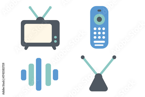 Retro media and entertainment symbols set featuring television, remote, sound waves, and antenna