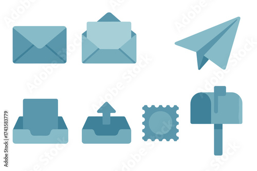 Essential symbols for email, postal service, and digital communication in blue flat design