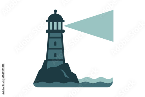 Coastal lighthouse structure standing on a rocky outcrop with ocean waves and a bright guiding light beam