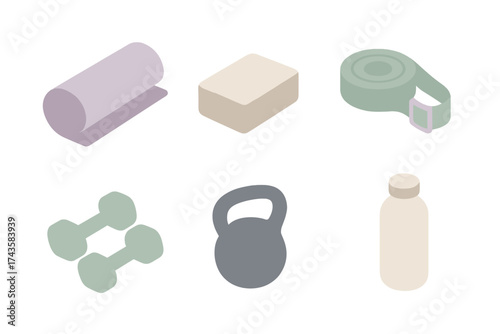 Isometric fitness equipment set with dumbbells, kettlebell, yoga mat, and water bottle