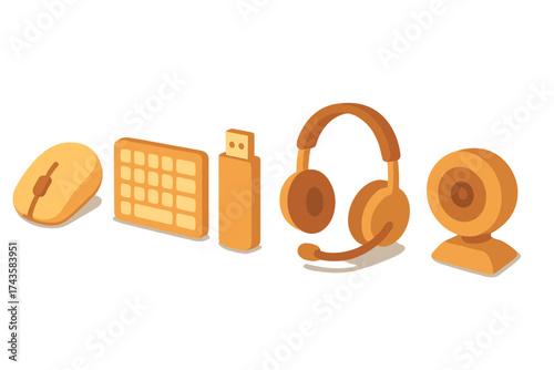 Isometric set of essential computer accessories: mouse, keyboard, USB drive, headset, and webcam