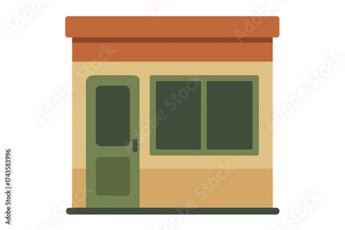 Flat design facade of a small business shop building with green entrance door and large display windows