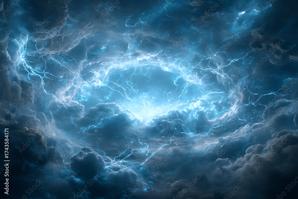 Fototapeta premium 稲妻とエネルギーが渦巻く暗雲の中の神秘的な雷の光景