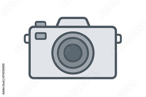 Minimalist digital camera with large lens and simple gray color scheme on white background