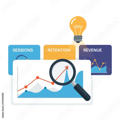 Analyze sessions, retention, and revenue with a magnifying glass for insightful business strategies and ideas