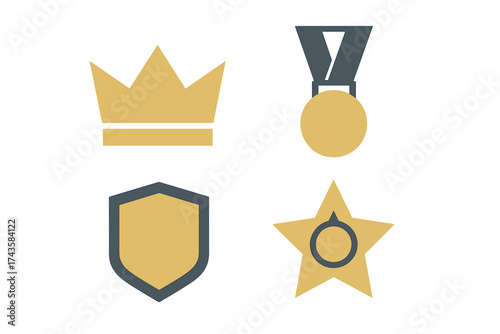 Gold and gray achievement icons set featuring crown medal shield and star badge
