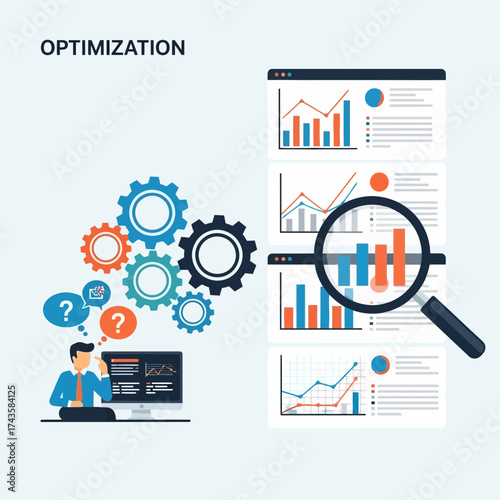 Data analysis and strategic optimization concept with graphs, gears, and a thoughtful executive, originally from scalable vector graphics
