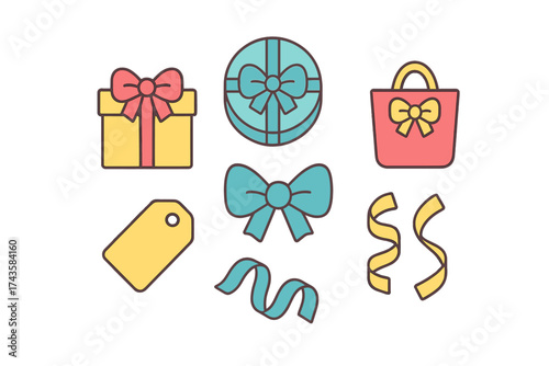 Colorful collection of gift boxes, shopping bag, bows, ribbons, and price tags for celebration packaging