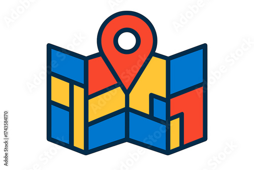 Brightly colored folded paper map marked with a large red location pointer pin
